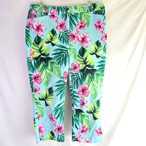Chicos Sz 1 Perfect Stretch Mystical Blue Blossoms Floral Tropical Capri Pants - Picture 2 of 12
